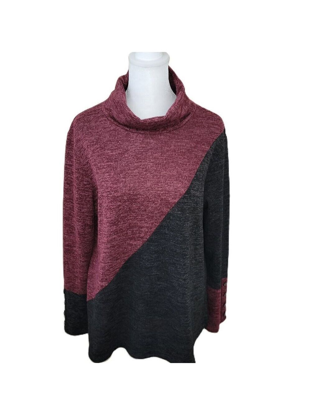 Seven Forty Two Tunic Asymmetric Color Accent Cowl Neck Burgundy Black Marled S